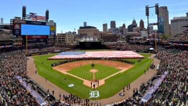 DETROIT, MI &#8211; JULY 04:  A general wide-angle view of Comerica Park with a large American Flag displayed as military planes flyover during the National Anthem prior to the Fourth of July game against the San Francisco Giants at Comerica Park on July 4, 2017 in Detroit, Michigan. The Tigers defeated the Giants 5-3.  (Photo by Mark Cunningham/MLB Photos via Getty Images)
