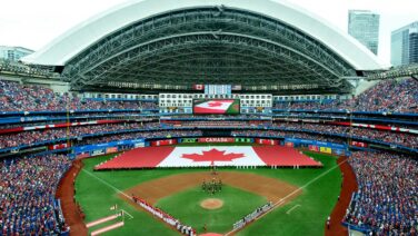 TORONTO, ON &#8211; JULY 01: General view of Rogers Centre during national anthems before the MLB regular season game between the Toronto Blue Jays and the Boston Red Sox on July 1, 2017, the 150th anniversary of Canada at Rogers Centre in Toronto, ON, Canada. (Photograph by Julian Avram/Icon Sportswire via Getty Images)
